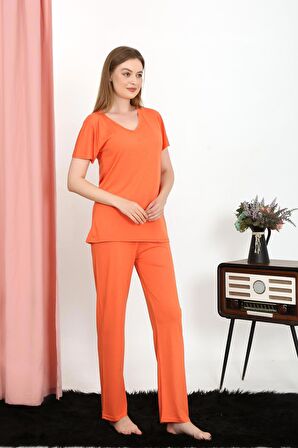 Akbeniz Kadın Kısa Kol Pamuk Penye Pijama Takım Turuncu 4213