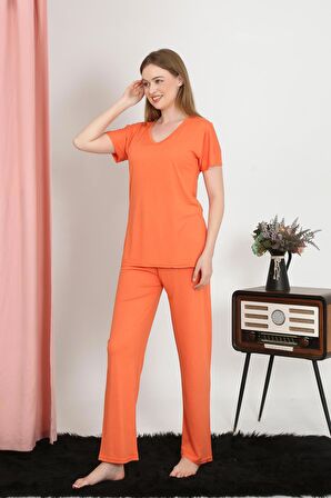 Akbeniz Kadın Kısa Kol Pamuk Penye Pijama Takım Turuncu 4213