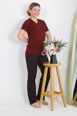 Akbeniz Kadın Kısa Kol Pamuk Penye Pijama Takım Bordo 4214