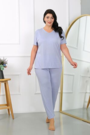 Akbeniz Kadın Büyük Beden  Kısa Kol Penye Pijama Takımı Lila 202405 