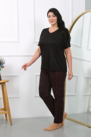 Akbeniz Kadın Büyük Beden  Kısa Kol Penye Pijama Takımı Siyah 202406