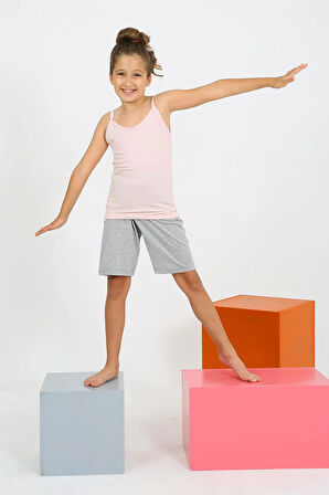 Akbeniz Kız Çocuk İp Askılı Şortlu Penye Pembe Pijama Takım 20430