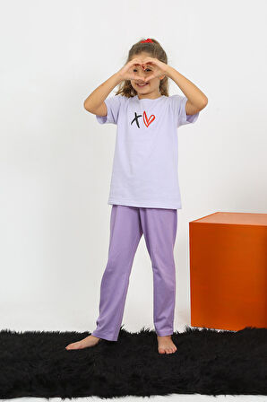 Akbeniz Kız Çocuk Kısa Kol Lila Penye Pijama Takım 20432