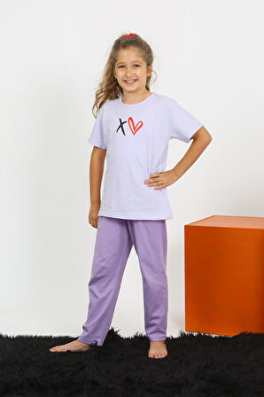 Akbeniz Kız Çocuk Kısa Kol Lila Penye Pijama Takım 20432