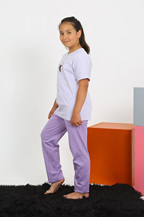 Akbeniz Kız Çocuk Kısa Kol Lila Penye Pijama Takım 20432