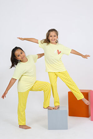 Akbeniz Kız Çocuk Kısa Kol Sarı Penye Pijama Takım 20432