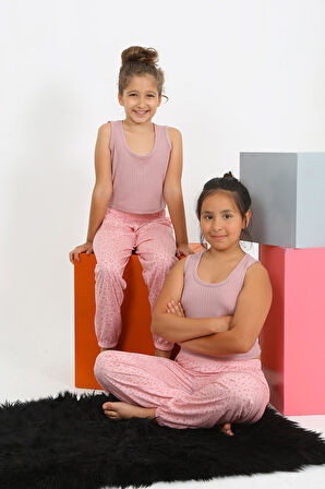 Akbeniz Kız Çocuk Sıfır Kol Gül Kurusu Penye Pijama Takım 20433