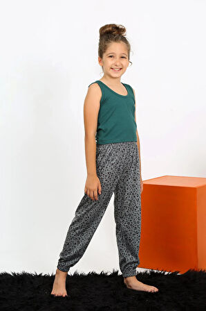 Akbeniz Kız Çocuk Sıfır Kol Zümrüt Yeşili Penye Pijama Takım 20433