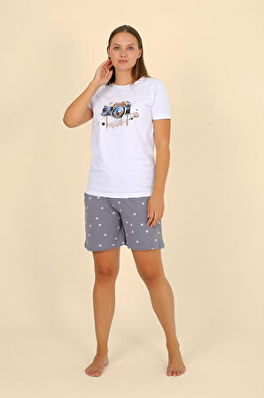 Akbeniz Kadın Şortlu Kısa Kol Penye Pijama Takımı Beyaz 3622