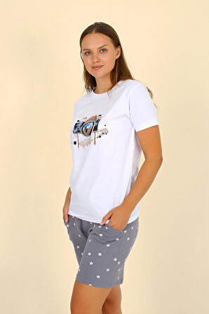 Akbeniz Kadın Şortlu Kısa Kol Penye Pijama Takımı Beyaz 3622