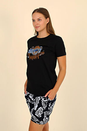 Akbeniz Kadın Şortlu Kısa Kol Penye Pijama Takım Siyah 3622