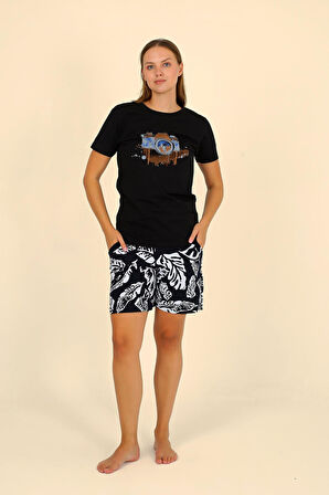 Akbeniz Kadın Şortlu Kısa Kol Penye Pijama Takım Siyah 3622