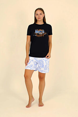 Akbeniz Kadın Şortlu Kısa Kol Penye Pijama Takımı Siyah 3624