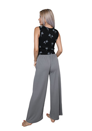 Akbeniz Kadın Kalın Askılı Body Bol Paça Pantolon 2`li Takım Siyah 4217