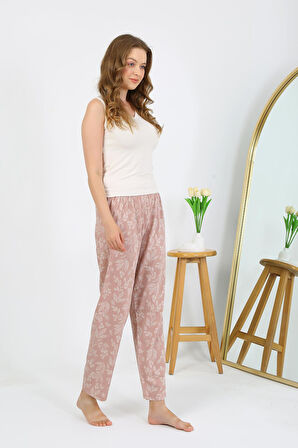 Akbeniz Kadın Penye Çiçek Desenli Tek Alt Pijama 27531 Pudra