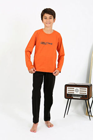 Akbeniz Erkek Çocuk Uzun Kol Penye Pijama Takım 20437 Turuncu
