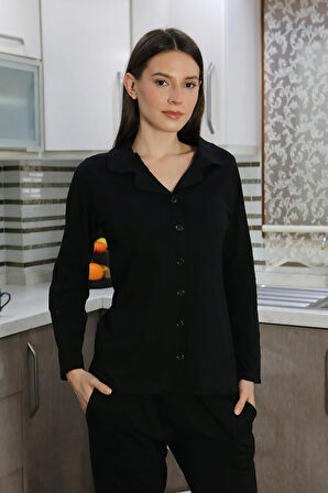 Akbeniz Kadın Pamuk Penye Önden Düğmeli Uzun Kol Pijama Takım Siyah 2783