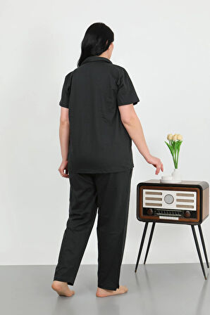 Akbeniz Kadın Büyük Beden Pamuklu Cepli Düğmeli Siyah Pijama Takım 202507