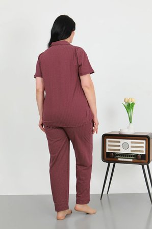 Akbeniz Kadın Büyük Beden Pamuklu Cepli Düğmeli Mor Pijama Takım 202507