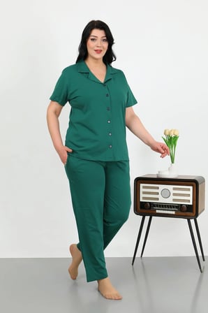 Akbeniz Kadın Büyük Beden Pamuklu Cepli Düğmeli ZümrütYeşili Pijama Takım 202507