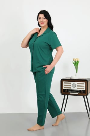 Akbeniz Kadın Büyük Beden Pamuklu Cepli Düğmeli ZümrütYeşili Pijama Takım 202507