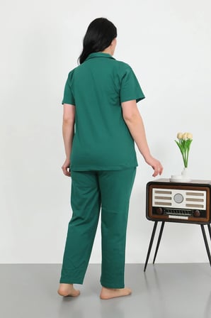 Akbeniz Kadın Büyük Beden Pamuklu Cepli Düğmeli ZümrütYeşili Pijama Takım 202507
