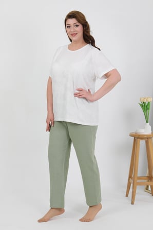 Akbeniz Kadın Büyük Beden Kısa Kol Penye Pijama Takımı Beyaz 202510