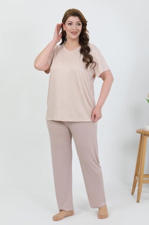 Akbeniz Kadın Büyük Beden Kısa Kol Penye Pijama Takımı Sütlü Kahve 202510