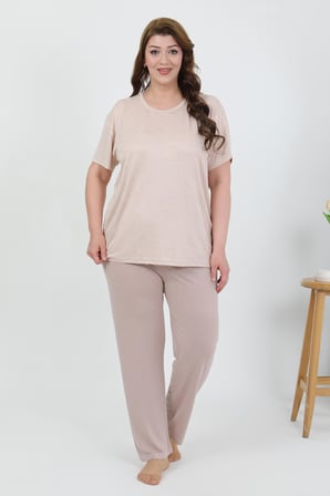 Akbeniz Kadın Büyük Beden Kısa Kol Penye Pijama Takımı Sütlü Kahve 202510
