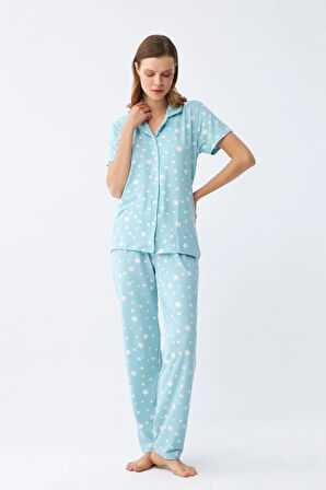 Akbeniz Kadın Buz Mavisi Yıldız Desenli Önden Düğmeli Pijama Takımı
