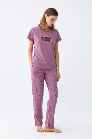 Akbeniz Kadın Mor Yıldız Desenli Penye Kısa Kol Pijama Takımı