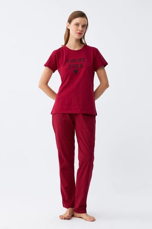 Akbeniz Kadın Bordo Kalp Desenli Kısa Kollu Penye Pijama Takımı