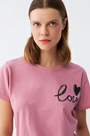 Akbeniz Kadın Somon Kalp Desenli Kısa Kollu Penye Pijama Takımı