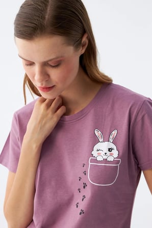 Akbeniz Kadın Mor Patili Tavşan Baskılı Cepli Pijama Takımı