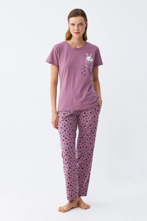 Akbeniz Kadın Mor Patili Tavşan Baskılı Cepli Pijama Takımı