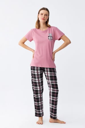 Akbeniz Kadın Somon Ayıcık Baskılı Ekoseli Penye Pijama Takımı