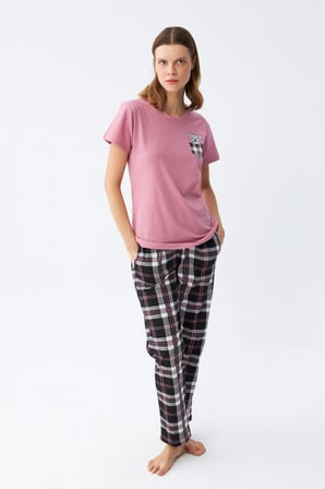 Akbeniz Kadın Somon Ayıcık Baskılı Ekoseli Penye Pijama Takımı