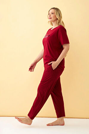 Akbeniz Kadın Bordo Love Yazılı Büyük Beden Pijama Takımı