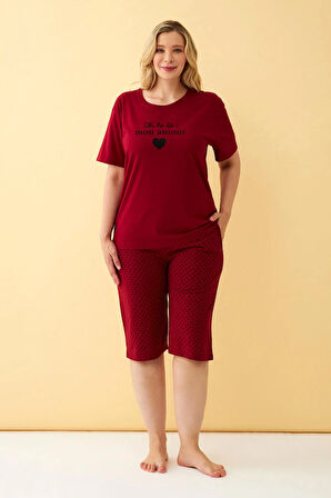 Akbeniz Kadın Bordo Kalp Desenli Büyük Beden Kapri Pijama Takımı