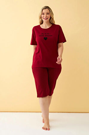 Akbeniz Kadın Bordo Kalp Desenli Büyük Beden Kapri Pijama Takımı