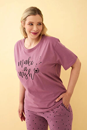 Akbeniz Kadın Mürdüm “Make a Wish” Yazılı Büyük Beden Kapri Pijama Takımı