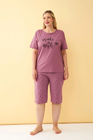 Akbeniz Kadın Mürdüm “Make a Wish” Yazılı Büyük Beden Kapri Pijama Takımı