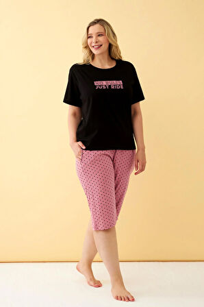 Akbeniz Kadın Siyah “No Rules Just Ride” Yazılı Büyük Beden Kapri Pijama Takımı