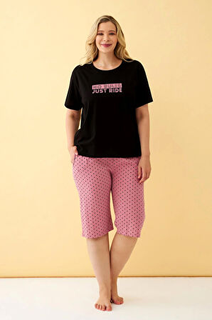 Akbeniz Kadın Siyah “No Rules Just Ride” Yazılı Büyük Beden Kapri Pijama Takımı