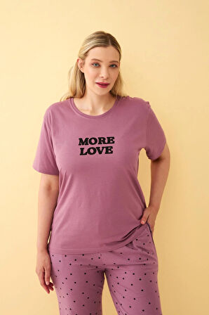 Akbeniz Kadın Mürdüm More Love Yazılı Büyük Beden Pijama Takımı