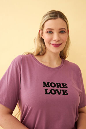 Akbeniz Kadın Mürdüm More Love Yazılı Büyük Beden Pijama Takımı