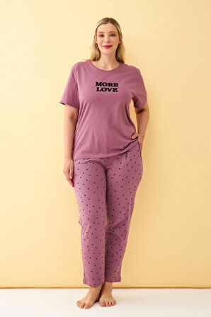 Akbeniz Kadın Mürdüm More Love Yazılı Büyük Beden Pijama Takımı