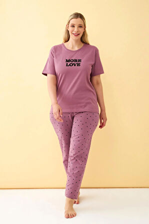 Akbeniz Kadın Mürdüm More Love Yazılı Büyük Beden Pijama Takımı