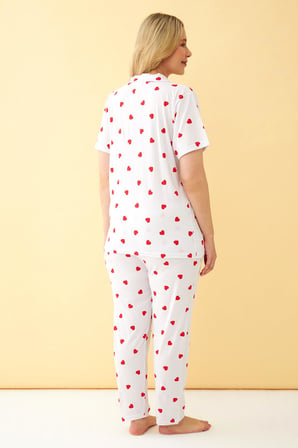 Akbeniz Kadın Beyaz Kırmızı Kalp Desenli Önden Düğmeli Büyük Beden Pijama Takımı