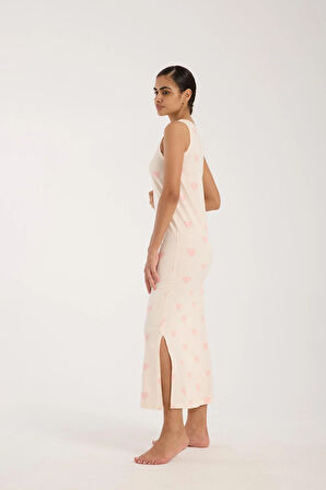 Akbeniz Kadın Kalın Askılı Yırtmaçlı Uzun Pudra Gecelik